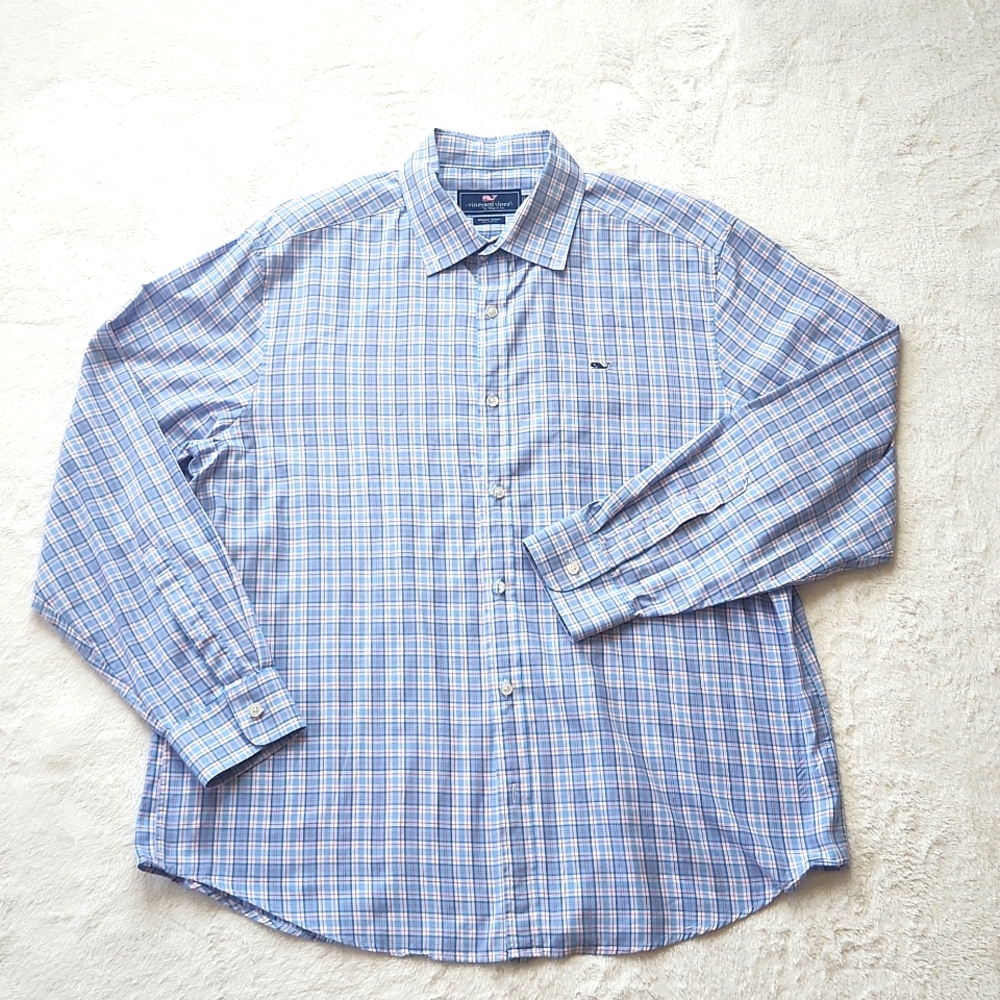 Vineyard Vines Blue, Red & White Plaid Button Down Sz XLarge Whale Shirt.